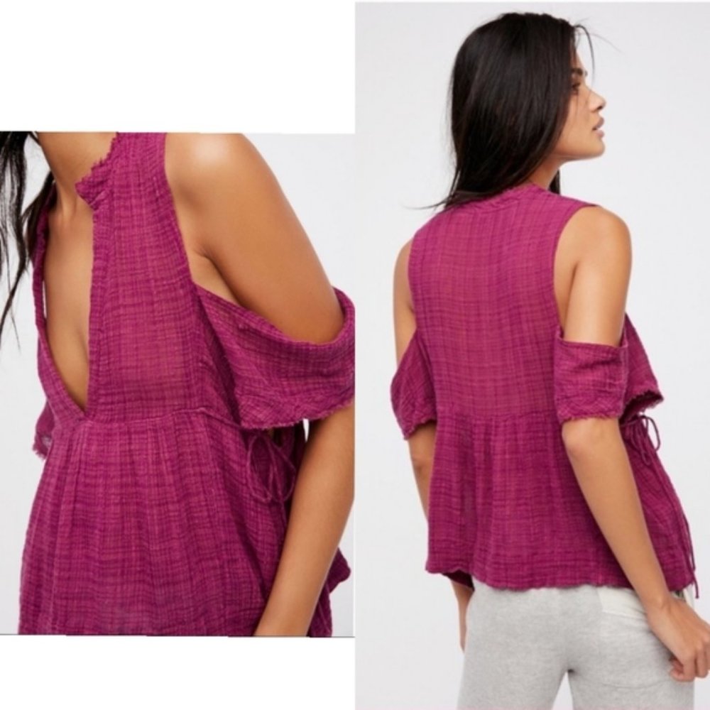 NWOT Free People One Purple‎ Gauze Cold Shoulder Side Tie Blouse Top Size S